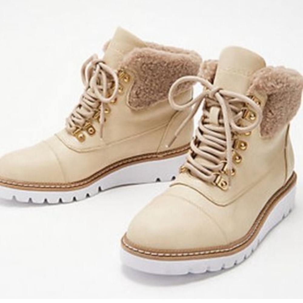 Aerosoles Alden Winter Hiking Boots Taupe Stone Womens 7 Faux Sherpa Fur Beige